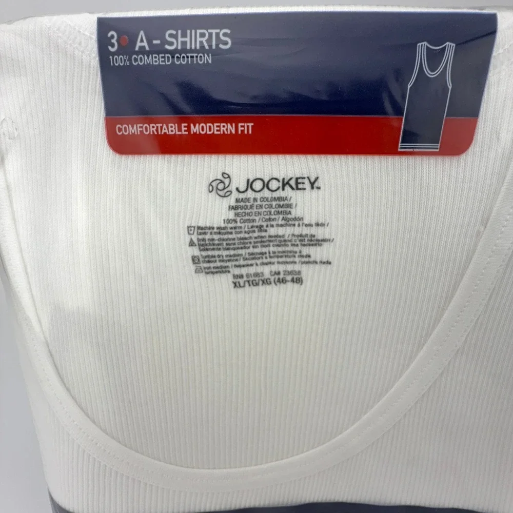 Jockey Classic Mens 3 Pack A-Shirts White 100%‎ Combed Cotton Tank Tops XL 9813